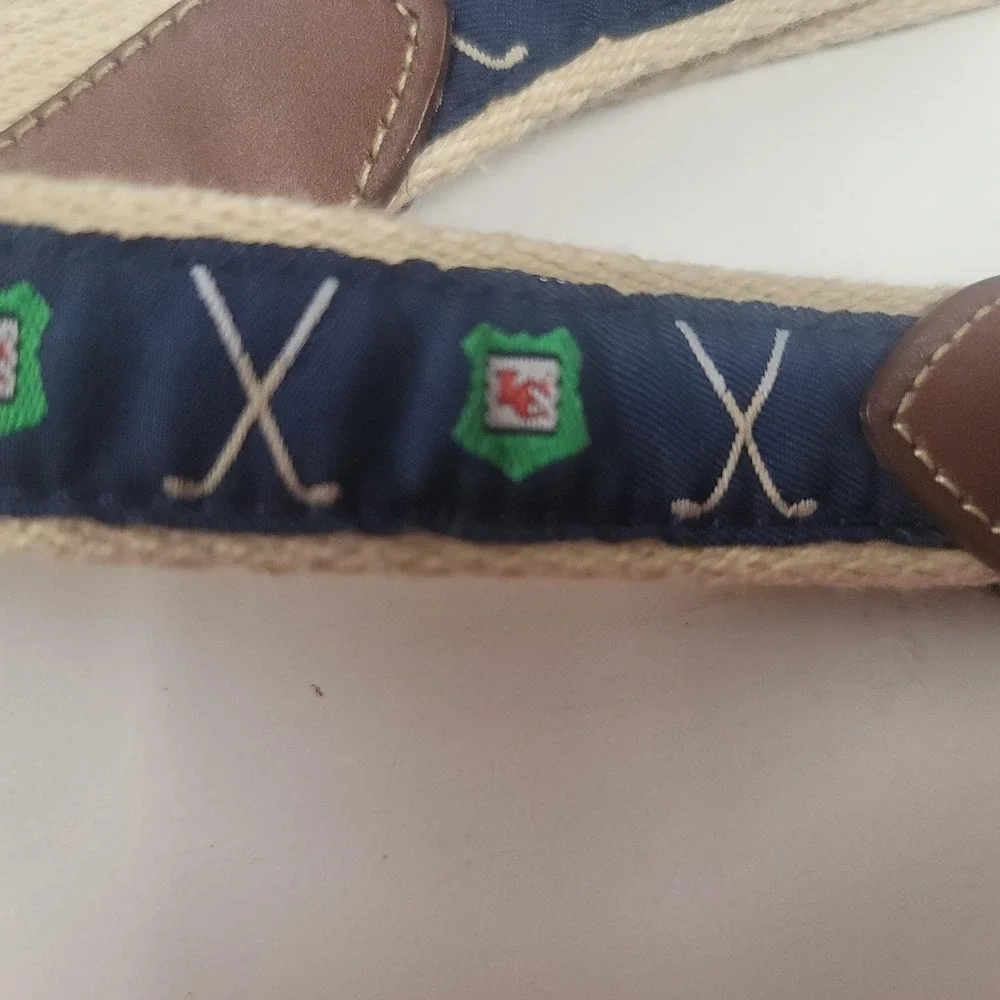 Mens‎ Golf Ribbon Belt Tan Canvas Navy Blue Embroidered Clubs Crest Leather Trim